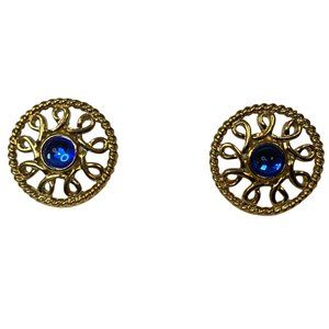 Guy Laroche Gold Wagon Wheel Blue Cabochon Earrings
